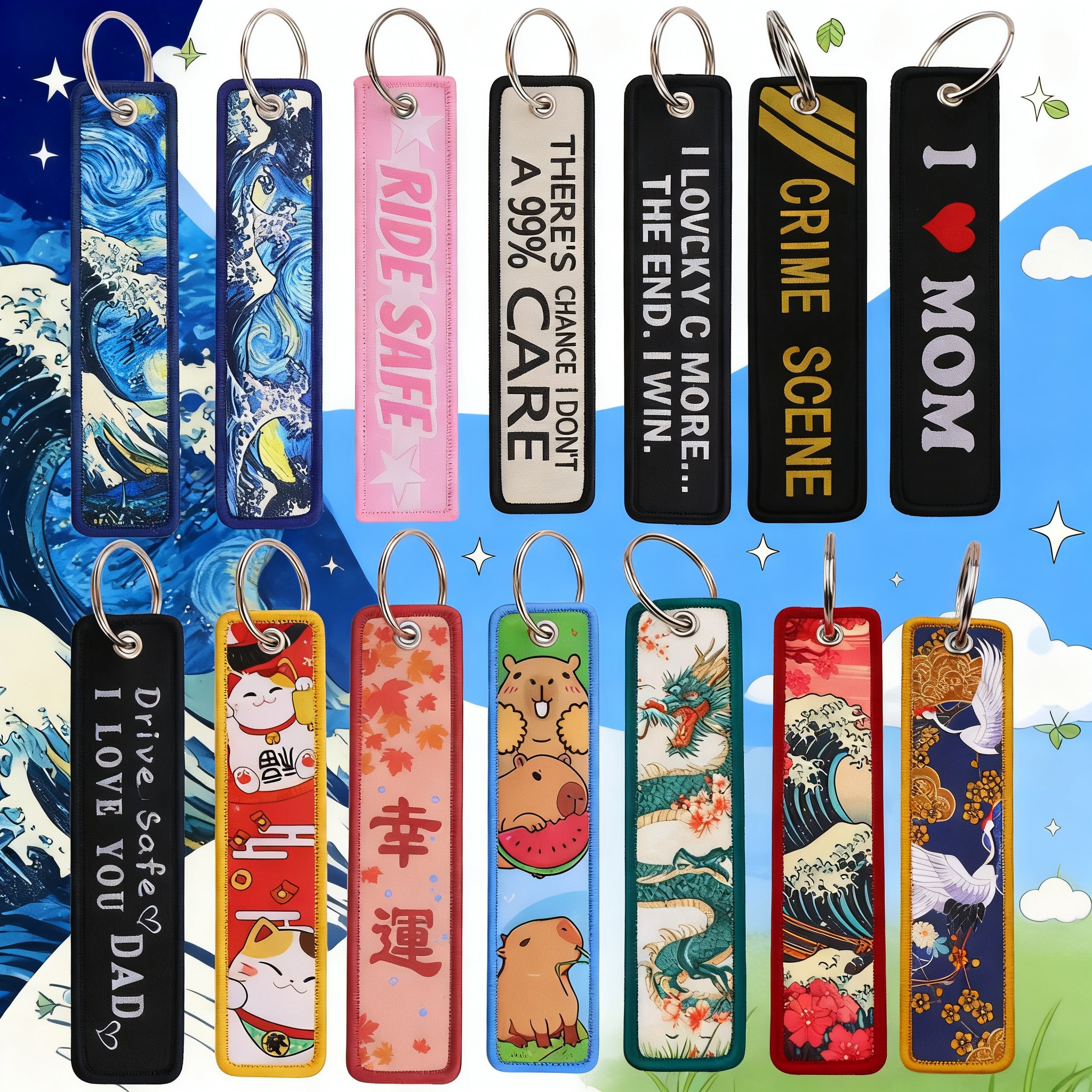 Car Accessories Japan - Van Gogh Embroidery Key Fobs Koi